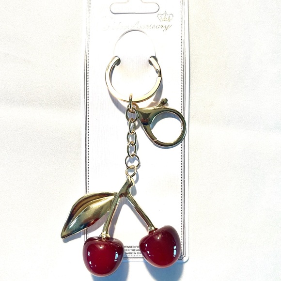 None Jewelry - Cherry Bag Charm and Key Ring with Gold-tone Hardware - New